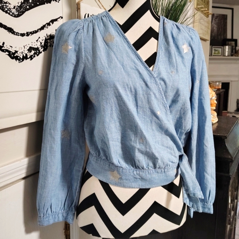NWT J. Crew Denim Blue Chambray Wrap Blouse Indigo Star Print Women's XS NEW! - Picture 4 of 10